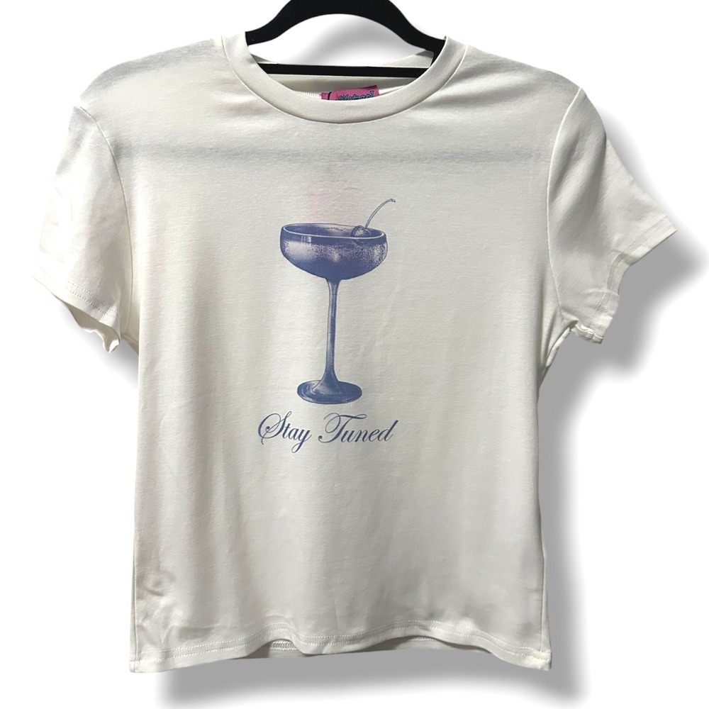 NEW Edikted Stay Tuned Cocktail Graphic Baby Tee White Short Sleeve L Y2K Casual